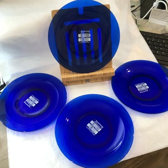 SOLD- Bormioli Rocco Rondo Sapphire Blue Glass 8" Salad Plates - Set of 4 - Picture 1 of 4